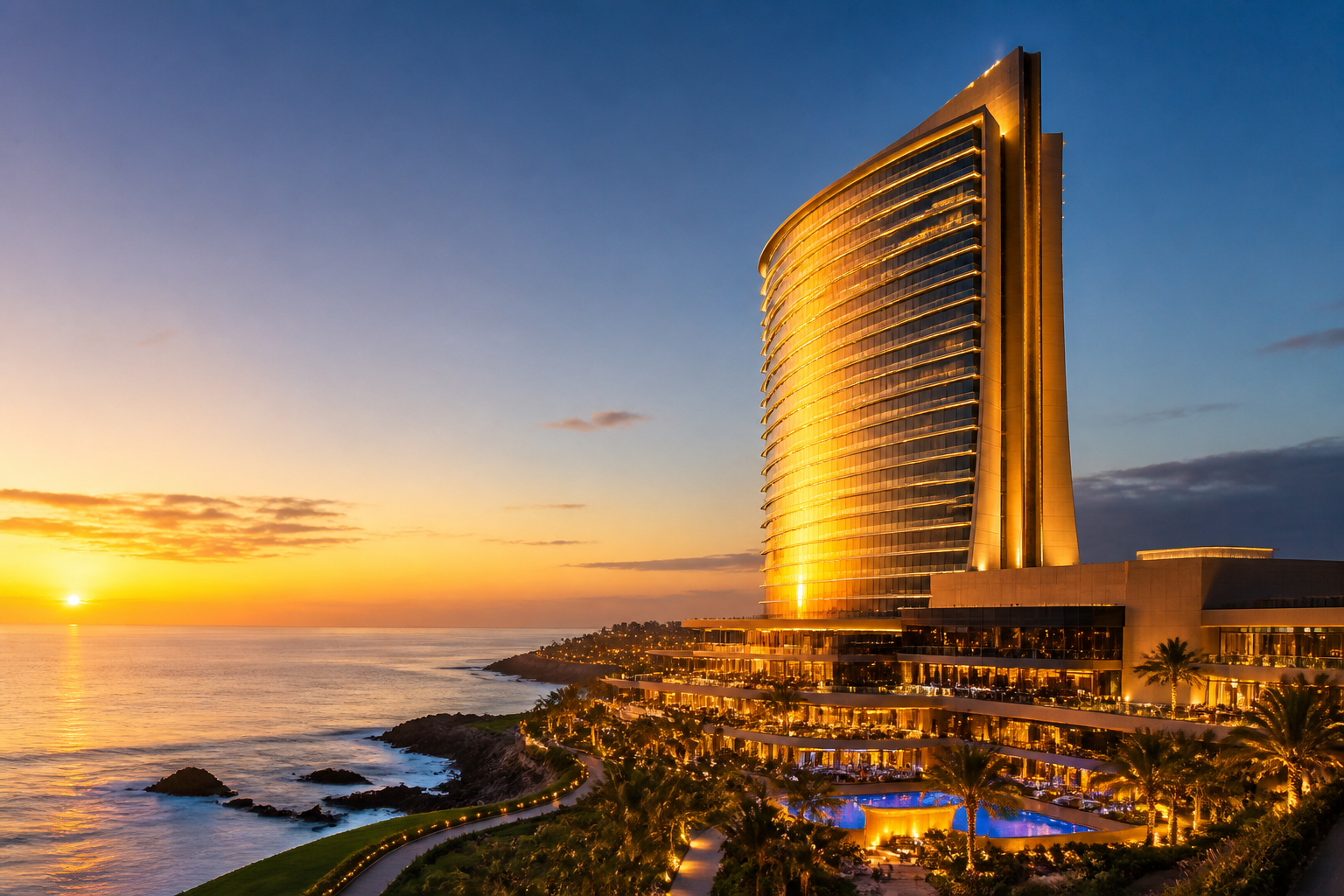Pacific Crown Resort tower on the shoreline