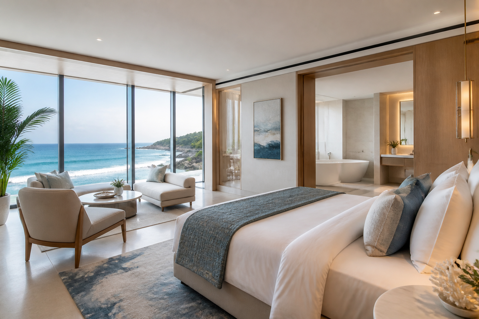 Oceanview hotel suite with modern coastal design